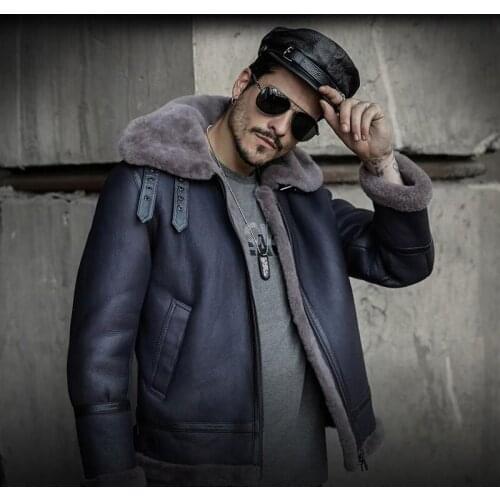 B3 Mens Hooded Shearling Jacket Original Flying Jacket Mens Fur Coat Aviation Leathercraft Pilots Coat