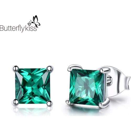 BK Women Real 925 Sterling Silver Earrings Girl Simple Square Created Emerald Ear Stud Trendy Wedding Engagement Fine Jewelry
