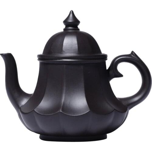 Black Mud Tendon Pattern Lotus Lamp Pot Zisha Teapot Yixing Handmade Pot Kung-fu Teaware Purple Clay Drinkware For Puer Green