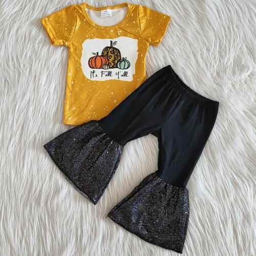 Hot sale toddler girl clothes pumpkin design short sleeve bell bottom outfits infant baby newborn girl designer clothes sets