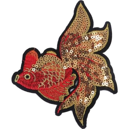 DoreenBeads Fish Embroidered Patches With Sequins Sew On For Clothing DIY Applique Stickers Clothes Sew Badges Chinese Style 1PC
