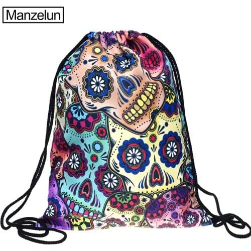 Skull Drawstring Storage Bags 3D Printed Oxford Backpack Travel Flowers Storage Organizer Tablets Cosmetic Luggage Organizer