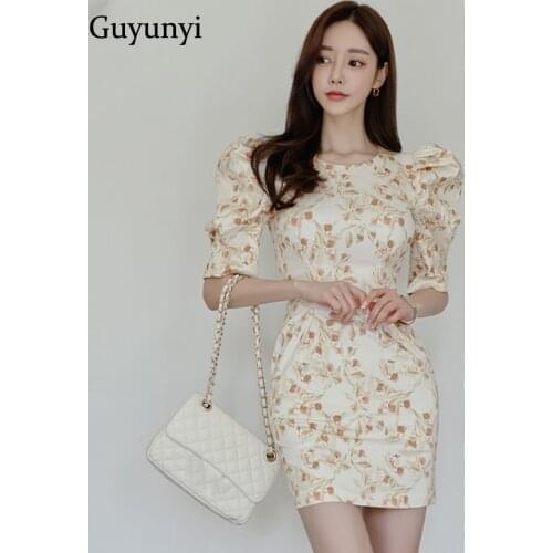 Temperament Party Elegant Dress 2021 Summer High Waist Mini Dress Puff Five-Point Sleeves Simple Floral Dress Women