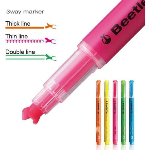 6Pcs/set Japan KOKUYO Beetle Oblique Brush Tip Highlighter Marker Pen 3way Marker Line Kawaii Color Mark Pen Stationery Supplies