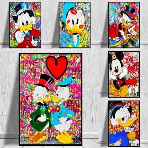 Graffiti Art Disney Mickey Mouse and Donald Duck Street Art Canvas Painting Poster and Print Wall Art Picture for Living Room