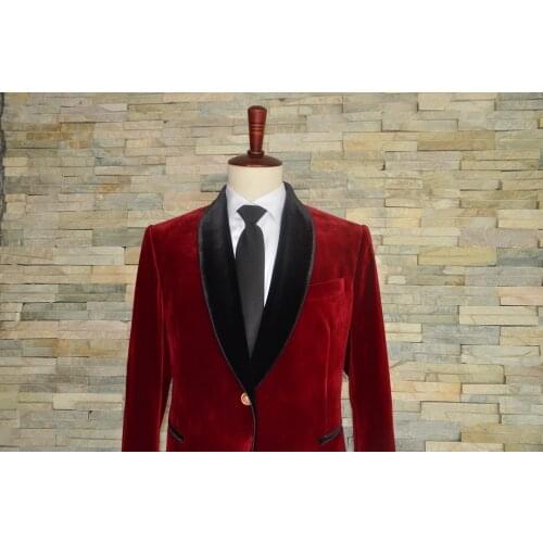 Tailor shop Custom Made red velvet jacket and Black Pant Man Suit Stage Wear wedding suits for men groom wear bride tuxedo