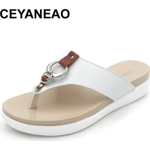 CEYANEAO Bohemia Summer Casual Women wedges Platform Woman Ladies Metal Decoration Flip Flops Genuine leather shoes C050
