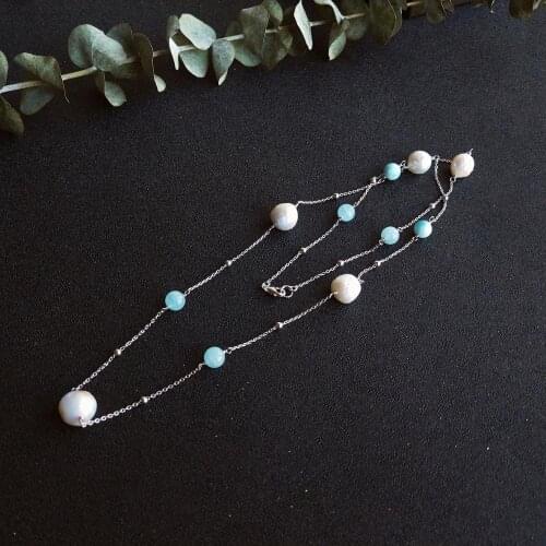 Lii Ji Blue Stone Genuine Aquamarine Baroque Pearl 925 Sterling Silver Platinum Color Long Chain Link Necklace 30inch Women Gift