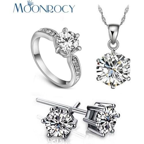 MOONROCY Drop Shipping Rose Gold Color Silver Color CZ Crystal Necklace Earring Ring Wedding Jewelry Sets for Women Gift