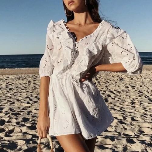 MosiMolly White Cotton Embroidery Dress Women Hollow out Ruffle Dress Boho Beach White Dress Lace Dress