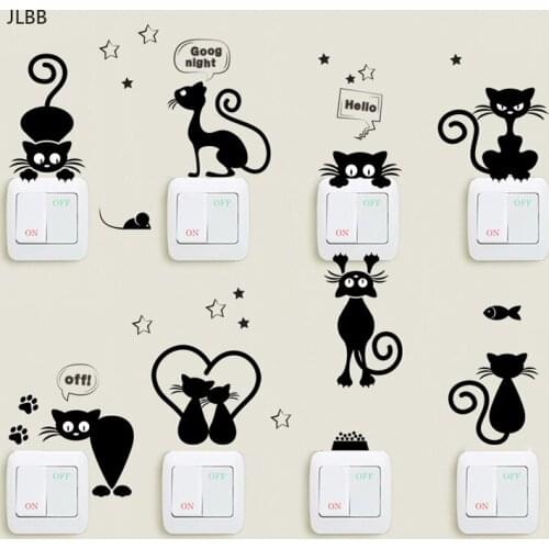 Cartoon Black kitty Switch Sticker Home Decor living room Background decoration Mural art Decals Creative diy cats wall stickers