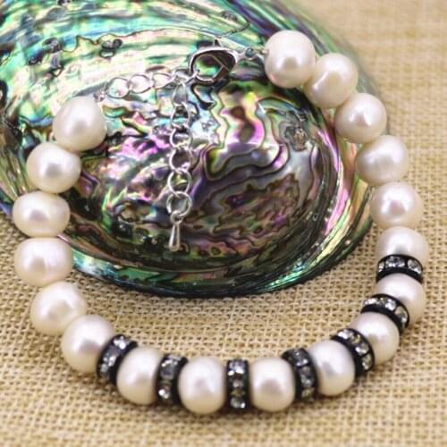 Natural white pearl beads 9-10mm beaded bracelet & bangle for women gifts black crystal spacer unique diy jewelry 7.5inch B3093