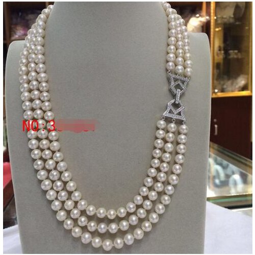 Beautiful 3 rows AAA 7-8mm Round White Cultured Freshwater Pearl Necklace>>> women jewerly Free shipping