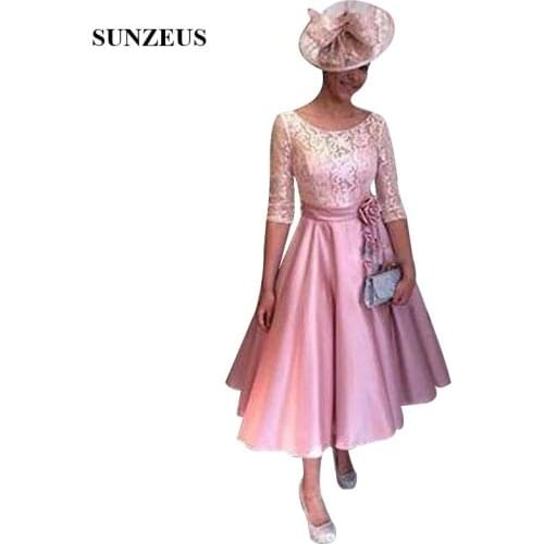 Tea Length Mother Of The Bride Dress Scoop Neckline Half Sleeves Lace Wedding Guest Dress A-line Satin Women Party Gowns Formal