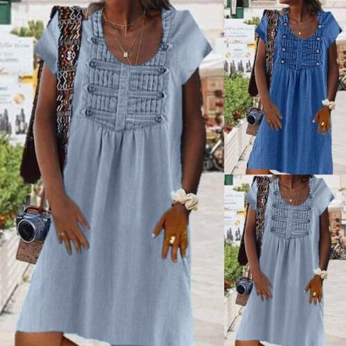 Womens Summer Dress Button Loose O-neck Medium Length Denim Short Sleeve Dark Blue Solid Color Dress Ladies High-end Clothing
