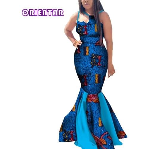 Women African Dress Batik Wax Print Bodycon Ankara Dresses Off Shoulder Strap Evening Party Lady Mermaid Dress WY3669
