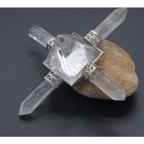 Trendy-beads Silver Plated Square Pyramid With 4 Hexagon Column Energy Transmitter Natural Rock Crystal Pendant