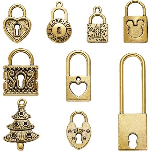 Approx 35~40pcs/100g Tibetan Style Antique Golden Mixed Shape Keys/Locks Pendants Charms 18~49.5x9~17x1~5mm, Hole: 1~29x2~9mm