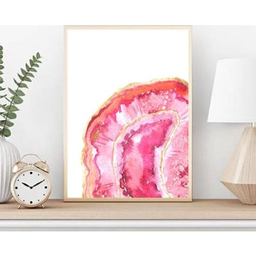 Watercolor Pink Agate Slice Prints Hand Painted Poster Romantic Decorative Luxury Mineral Painting Bedroom Wall Art Decor