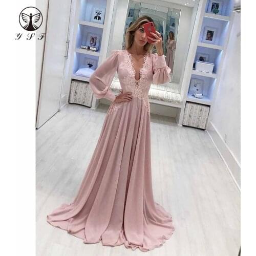 Simple but Elegant Plunging V Neck Appliqued Lace Long Sleeve A Line Coral Prom Dresses 2019