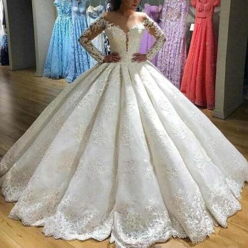 2021 Dubai Luxury Ball Gown Wedding Dresses Long Sleeve Designer Lace Applique Bridal Gowns Puffy Princess Marriage Gowns New