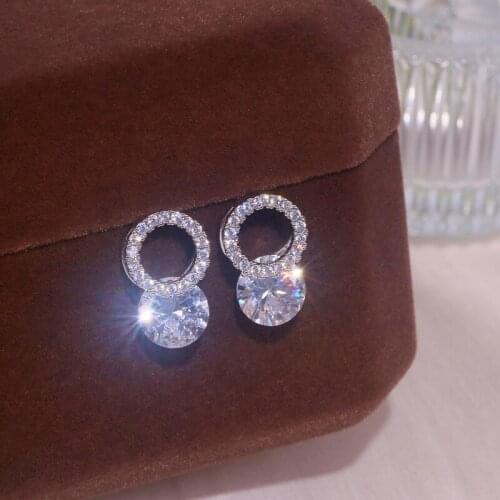 Luxury Female Cubic Zircon Stud Earring With Silver Color Geometric Round Crystal Stud Earrings Romantic Bridal Wedding Jewelry