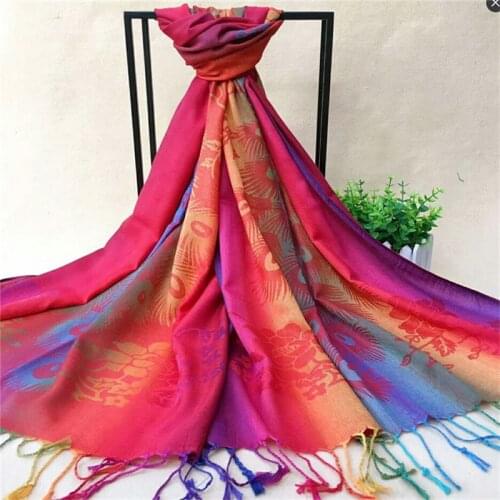 Ethnic Style Winter Women Rainbow Scarf Peacock Feather Jacquard Cotton Print Scarves Gradient National Scarf Travel Shawl