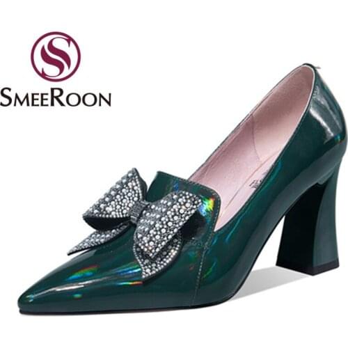 Smeeroon 2021 Genuine Leather High Heels Shoes Women Pumps Fashion Bowknot Party Shoes Simple Pointed Toe Single Shoes