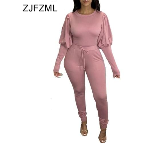 Solid Drawstring Two Piece Tracksuits Women Sportswear Outfits Long Lantern Sleeve Basic Tops+bodycon Trouser Matching Sweatsuit