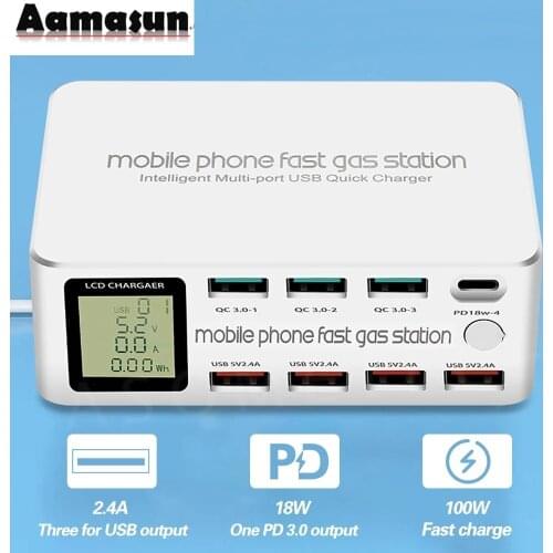 8 Port Smart USB Charger 100W Quick Charge 3.0 PD 3.0 Fast Charge Adapter LCD Multi USB Charger Station For iPhone X XS Samsung