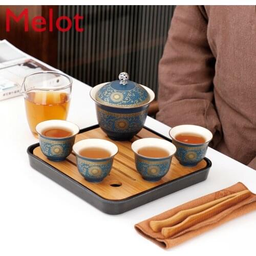 Chinese-style Travel Kung Fu Tea Set Small Ceramic Enamel Portable Bag, Teapot, Teacup, Bowl and Tea Tray for Home Use Gifts