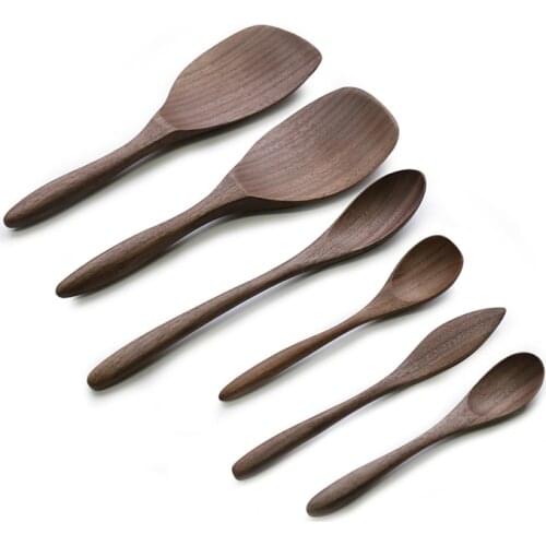 Japan Style Black Walnut spoon long handle log mixing spoon handmade rice shovel wooden cute spoon household meal small wooden