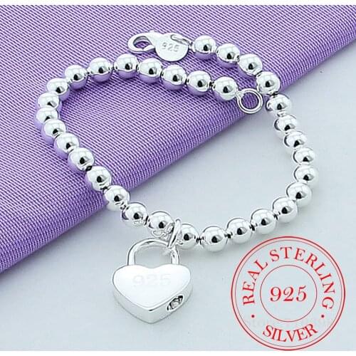 925 Sterling Silver Heart Lock 6mm Beads Chain Bracelets Jewelry Women Top Quality Lovers Bracelets Christmas Gift