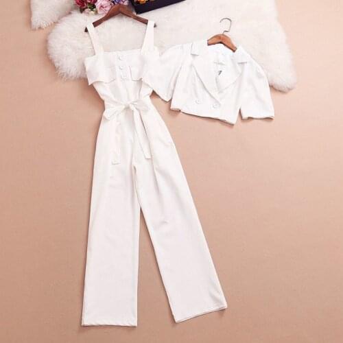 Women 2021 Summer New Fashion Jumpsuit Rompers 2 Piece Set Female Suit Coat + Long Playsuit Casual Overalls Office Suits Y08