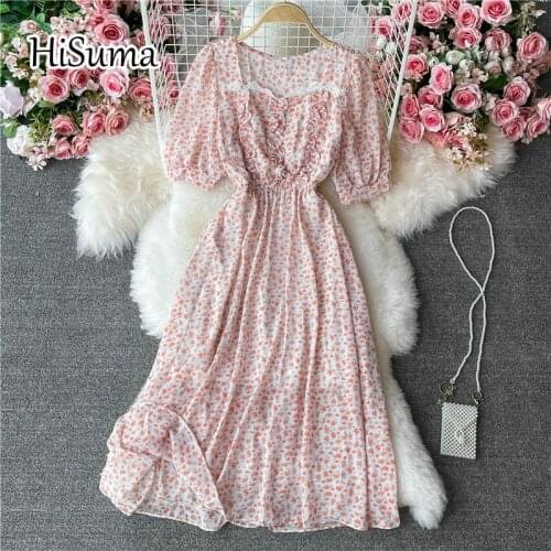 2021 summer new women square collar puff sleeve print chiffon with lace A-line dress female Chic elegant waist party dresses