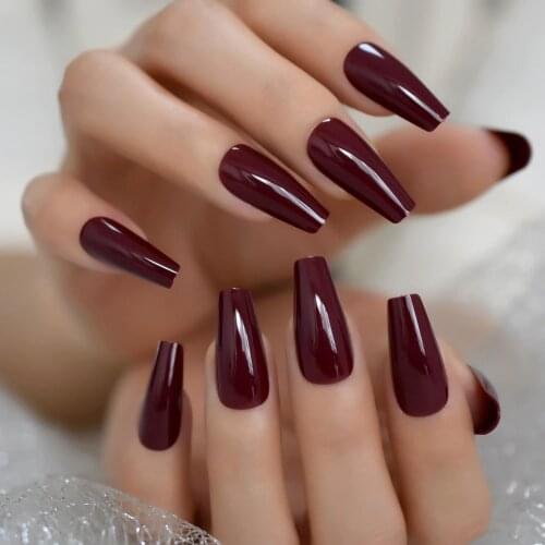 24pcs/set Glossy Dark Wine Red Press on Ballet False Nails Long Flat Top Coffin Ballerina UV Fingersnails Free Adhesive Tapes
