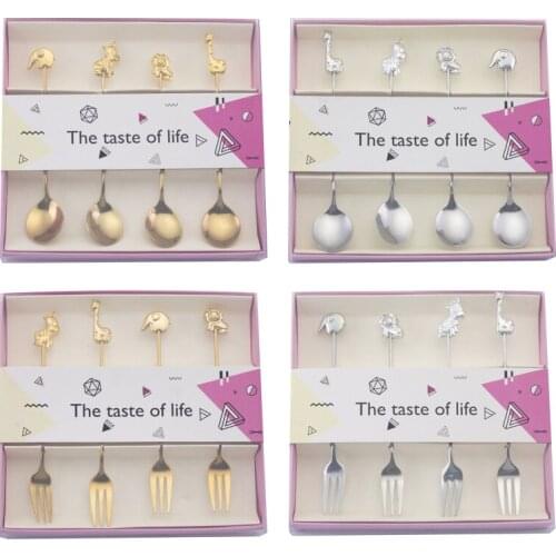 4pcs Stainless Steel Coffee Spoon Dessert Fork Animal Ornaments Soup Sugar Teaspoons Mixing Stirrer Kitchen Tableware