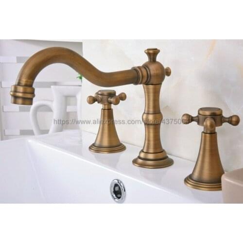 Antique Brass 3 Hole Bathroom Sink Faucet Deck Mounted Cold Hot Vintage Sink Faucet Mixer Tap Nan086