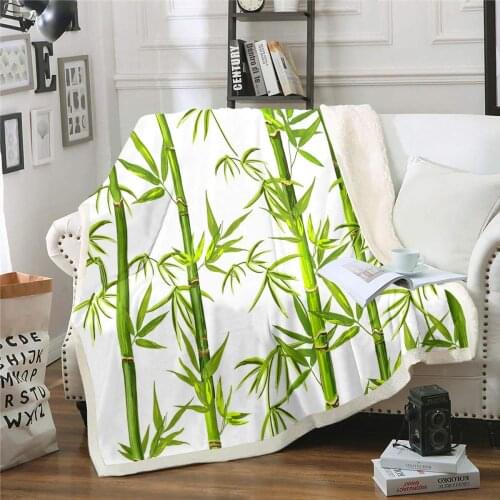 Bamboo FleeceBlanket Green Tree Branches Sherpa Blanket for Sofa Couch Kids Chic Chinese Style Botanical Warm Plush Blanket