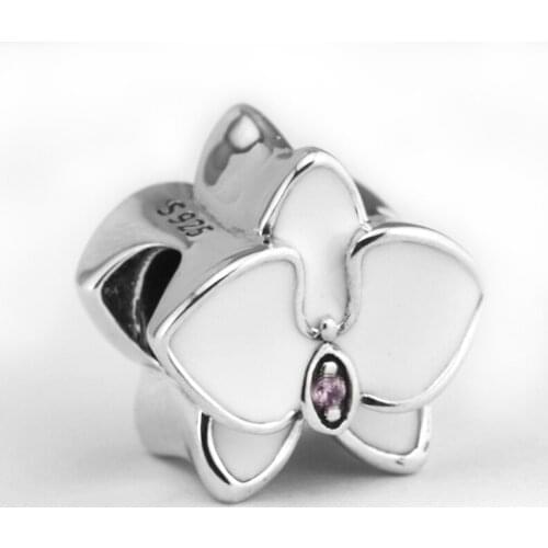 Fit Brand Bracelets DIY Beads for Jewelry Making Sterling-Silver-Jewelry Orchid Charms White Enamel Silver 925 Berloque Perles