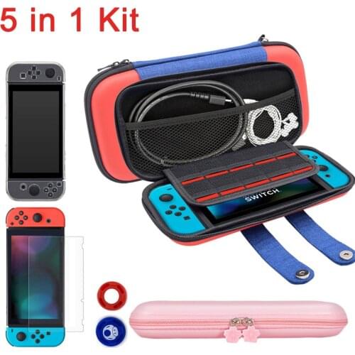5 in 1 Gaming Console Storage Bag for Nintend Switch NS Case for Nintendo Switch +Hard Shell + Tempered Glass Film + 2 Grip Caps