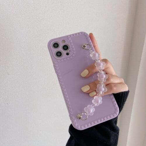 Wrist Chain Case For iphone 12 11 Pro X XS MAX XR 7 8 6 Plus 11Pro Max Cute Flower Bracelet Purple Love Heart Frame TPU Cases