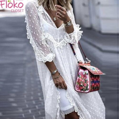 Flokocloset Fashion Autumn V-Neck Beach Maxi Dress Women Spring Polka Dot Long Dress See-Through Mesh Lace Party Dresses