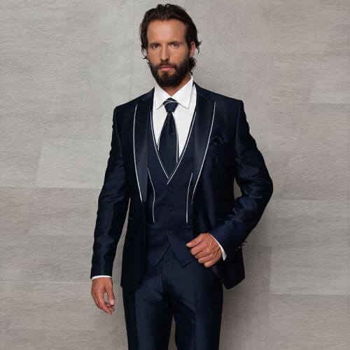 Handsome Navy Three Pieces Men Suits Notched Lapel Formal Tuxedos For Wedding Bridegroom Prom Blazers (Jacket+Pants+Vest)