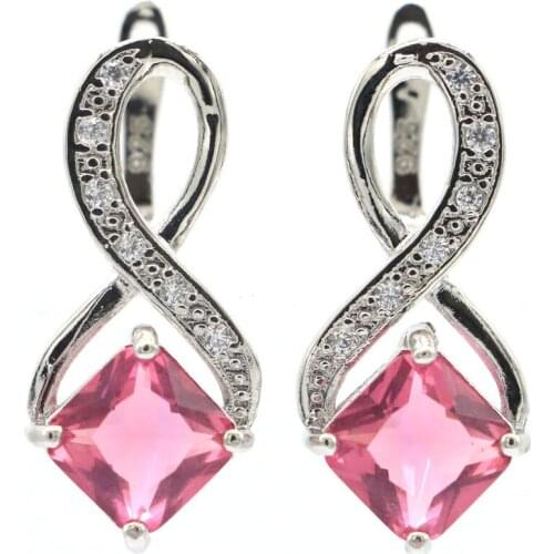51x32mm Big European Design Square 13.5g Created Pink Tourmaline CZ For Bride Wedding Dating Silver Earrings Eye Catching