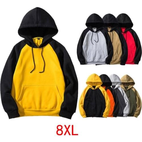Mens large size colorblock hooded sweatshirt plus size 6XL 7XL 8XL autumn and winter long sleeve pocket fleece warm hip hop