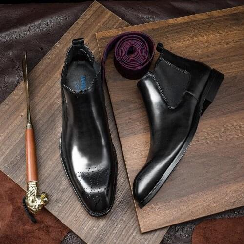 Men Winter Chelsea Boots Genuine Leather Mens Platform Brogue Casual Ankle Flat Shoes Slip On Dress Designer Brand Boots