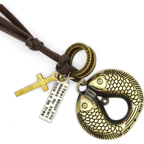 HOT Fashion Jewelry Mens Cross Necklace Punk Retro Adjustable Wings Necklace Casual Personality Pisces Leather Necklace