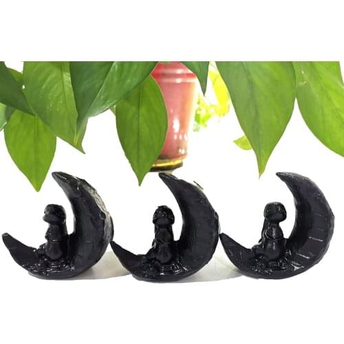Natural Hand Crafts Black Obsidian the Rabbit Sitting on the Moon Crystal Carving For Home Decoration LJ