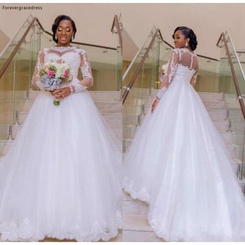 2019 New Nigerian A Line Wedding Dress Sheer Neck Long Sleeves Lace Applique Bridal Gown Custom Made Plus Size